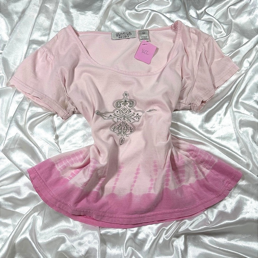 y2k Harve Benard Sport Top Pink Good Rhinestone Cross Dip Dye Cotton Tee